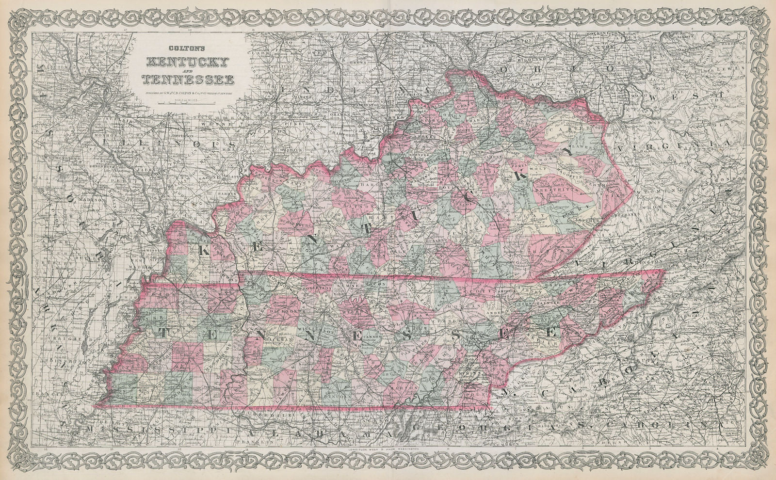 Colton's Kentucky and Tennessee. Decorative antique US state map 1869 old